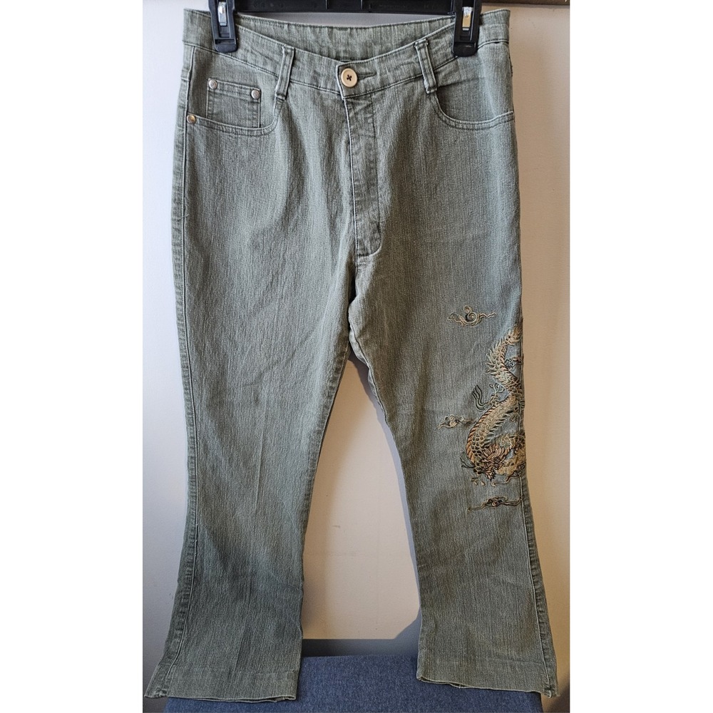 Shy Ger‎ Y2K Dragon Embroidered Jeans Women's XL Green Denim Straight Leg